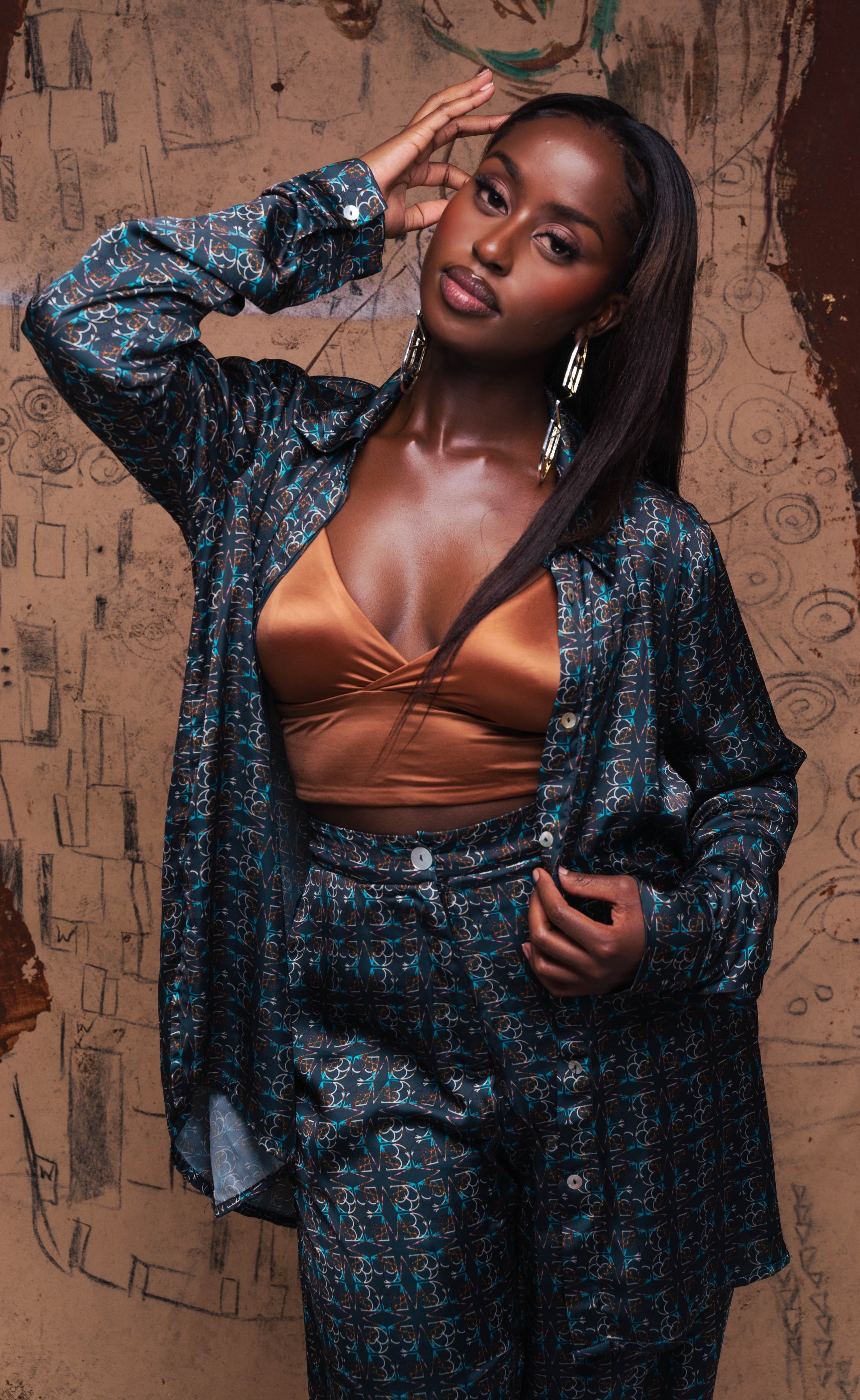 Mirella Midnight Blue printed satin blouse