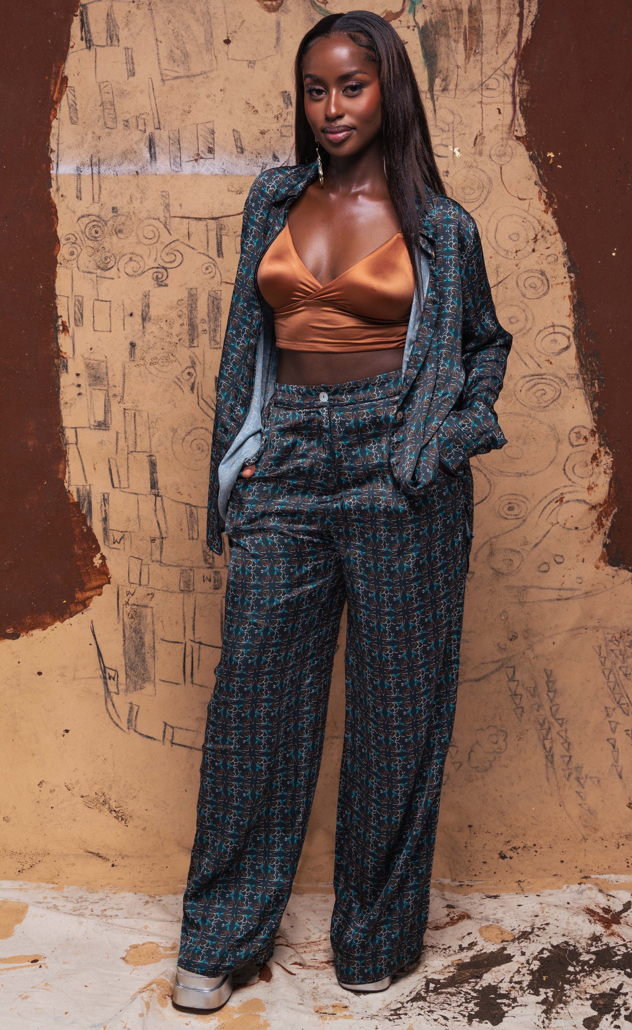 Mirella Midnight Blue printed satin blouse