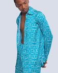 Male XL logo turquoise printed satin shirt