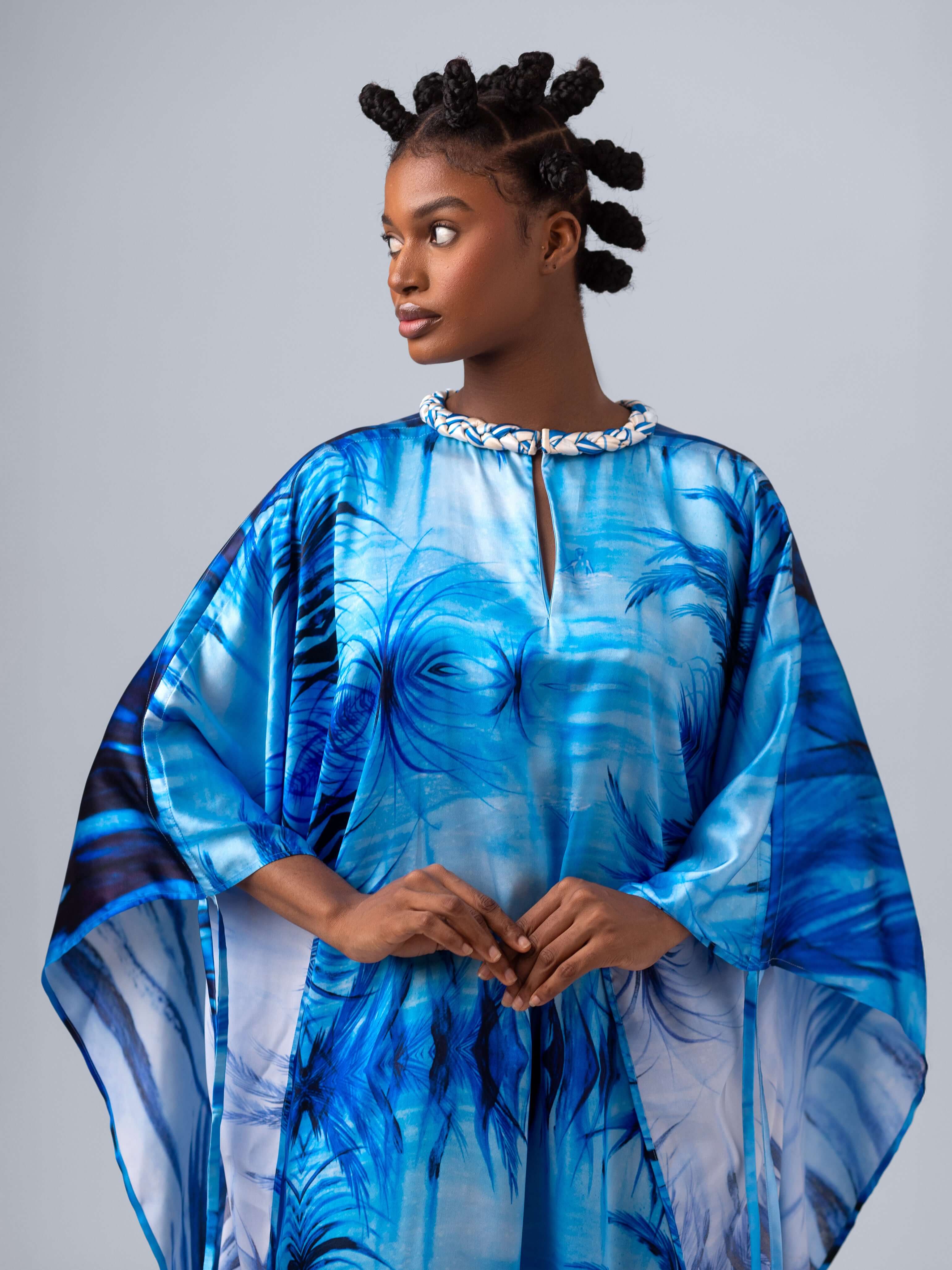 Reversible Silk Kaftan Blue Amazonia – Omar Mahfoudi x MBD Collection