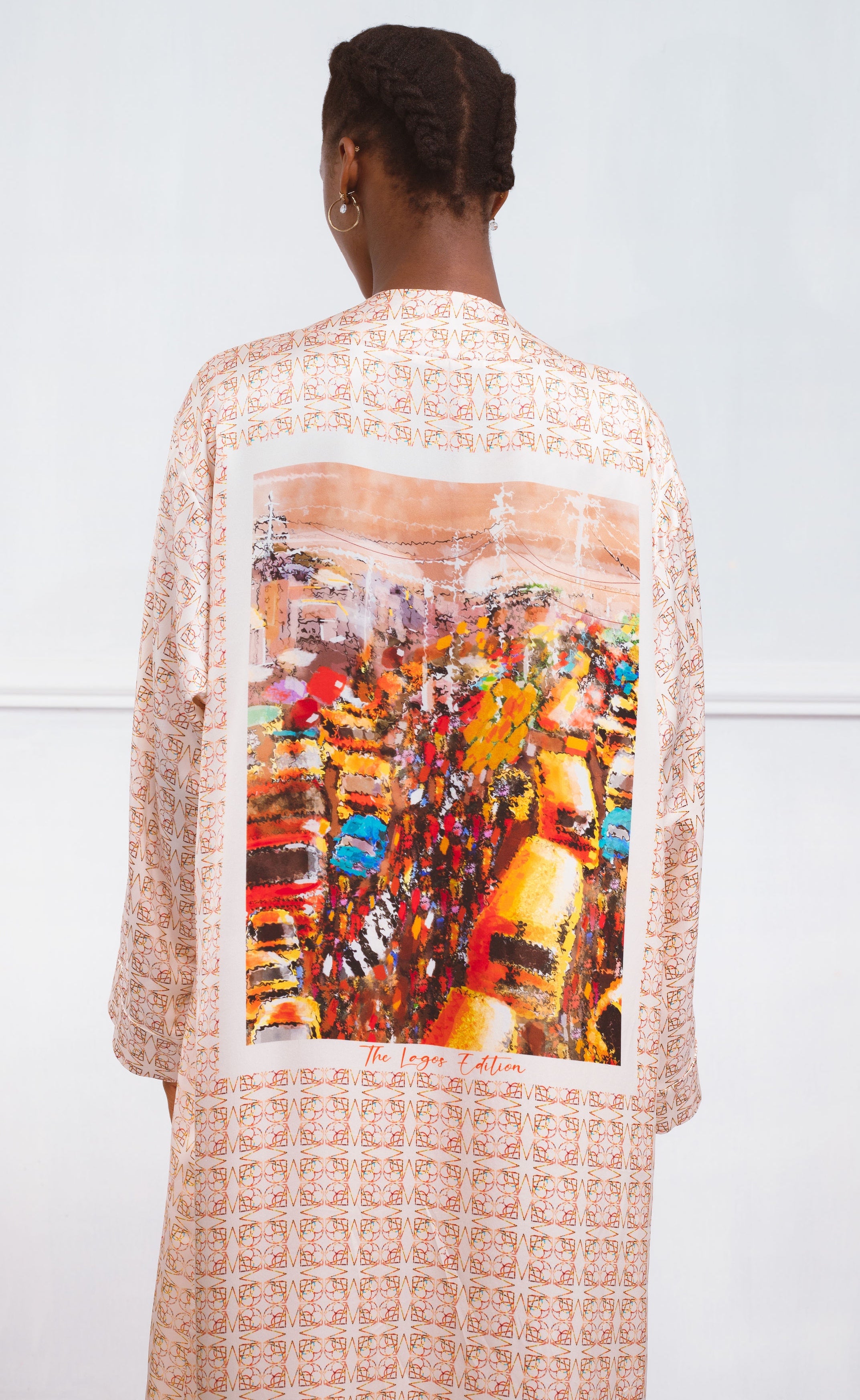 Mirella Beige printed silk satin kimono