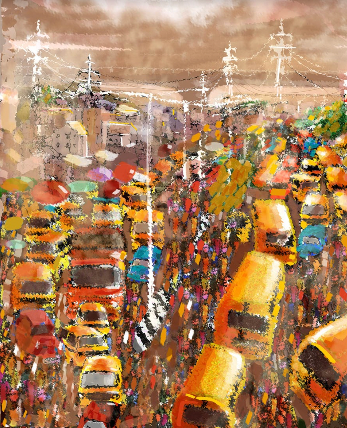 Painting "Go Slow in Ikeja, Lagos", which was used as the base for our Danfo print