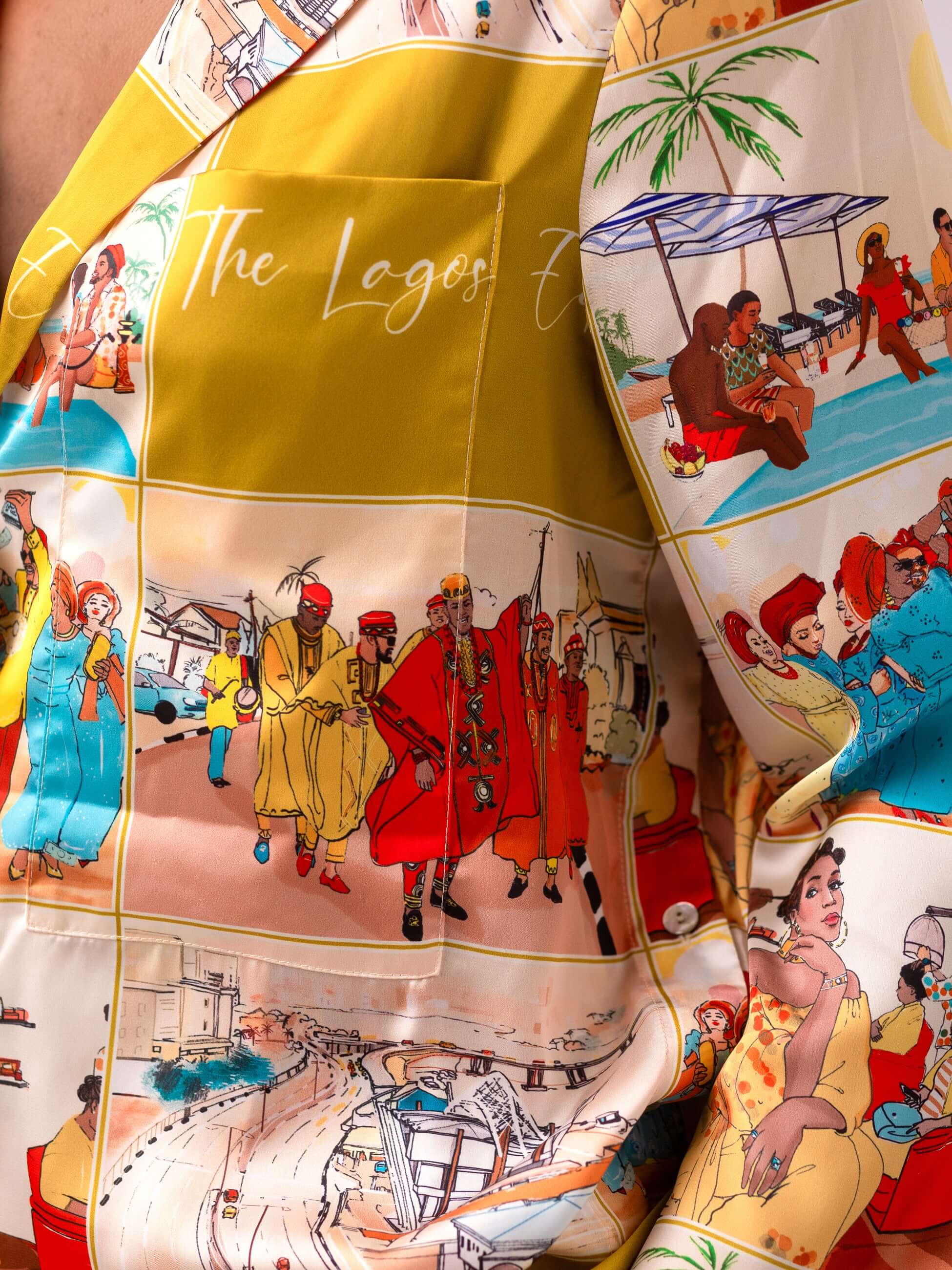 Close-up of the We Move shirt vest from the Lagos Collection, showcasing vibrant city-inspired scenes.