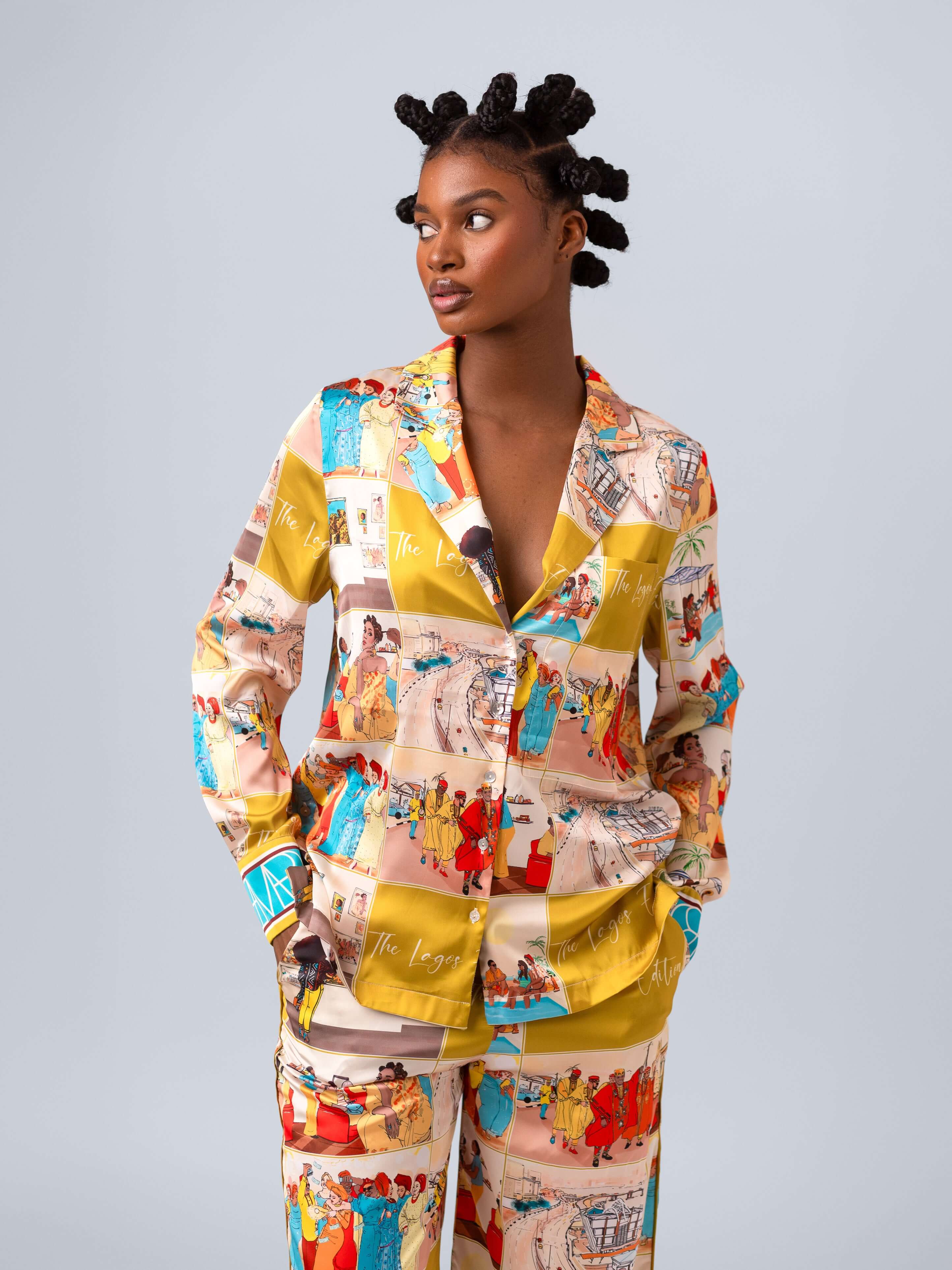 We Move shirt vest from the Lagos Collection, featuring vibrant city-inspired prints and a stylish structured collar.