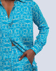 Male XL logo turquoise printed satin shirt